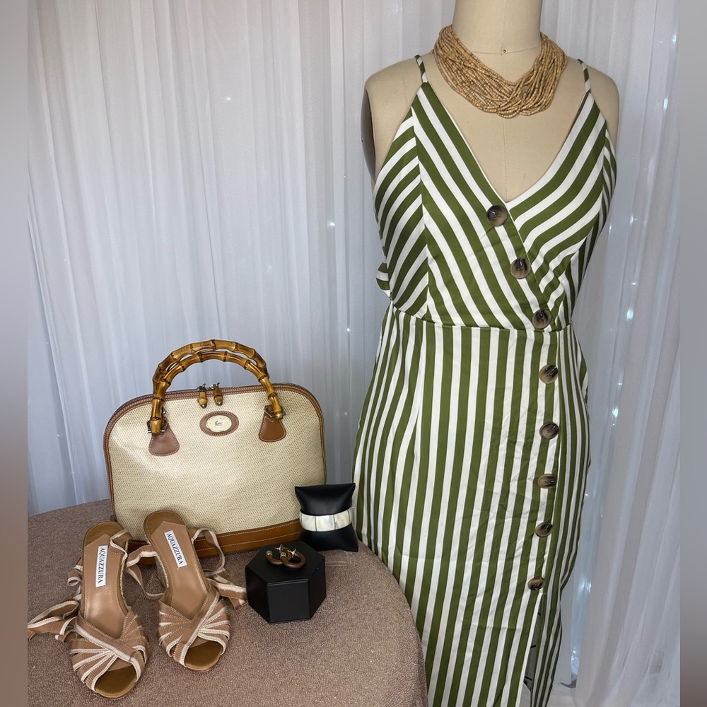**NWT** Green & White Striped Wrap Dress with buttons-Some small flaws